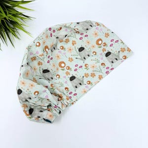 Cat Euro scrub cap for women, Summer surgical cap with satin lined by Paradise Caps.