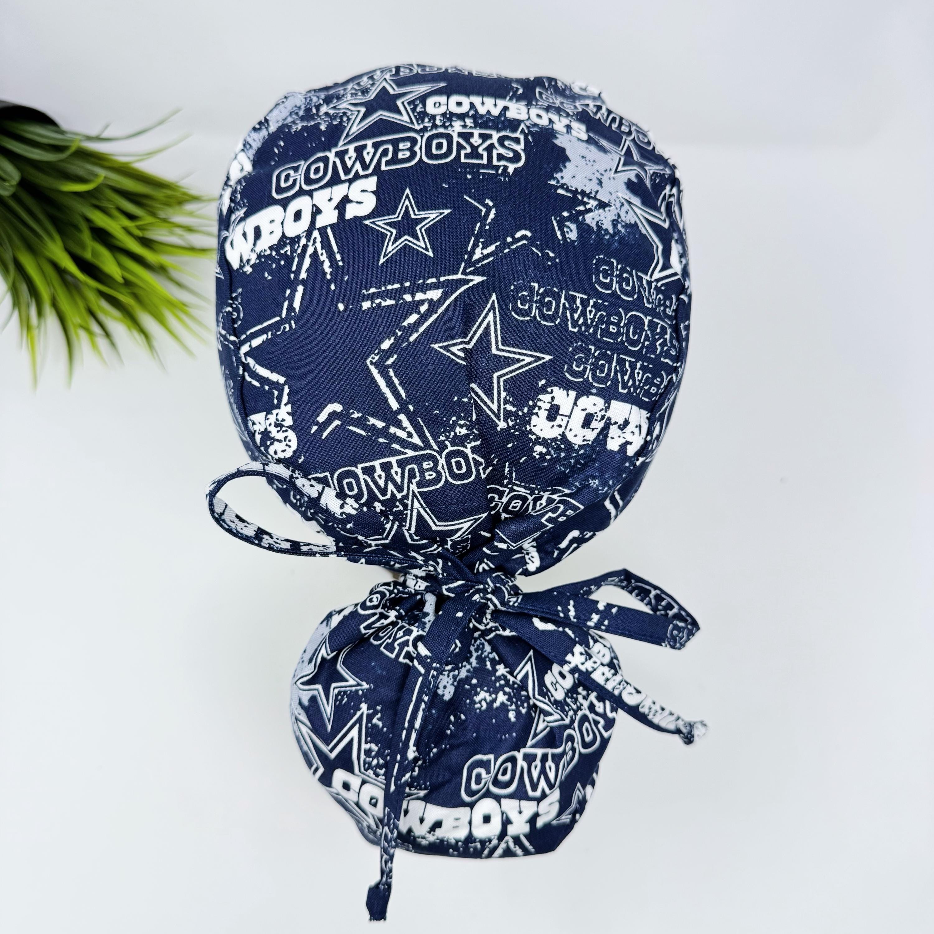 Ponytail scrub cap with Satin Lined Option. Cowboys Surgical cap with ponytail, Scrub caps for women by Paradise Caps.