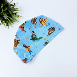 Summer Euro scrub cap for women. Surf Sloth European satin lined surgical cap by Paradise Caps.