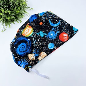 Celestial Euro scrub cap for women. Space euro style surgical cap with satin lined by Paradise Caps.
