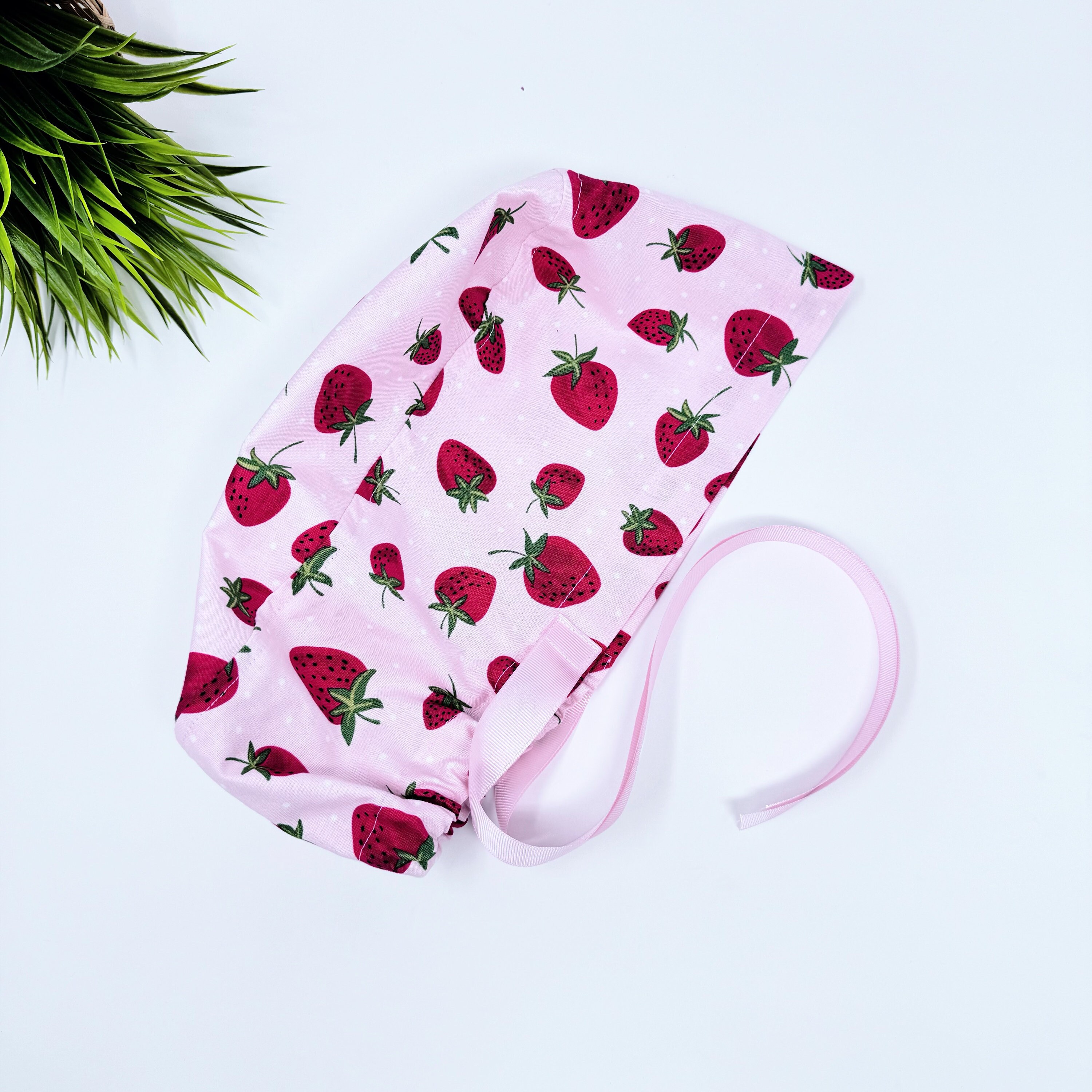 Strawberry Euro PLUS style Scrub Cap for Women, European Surgical cap with Satin Lined Option.