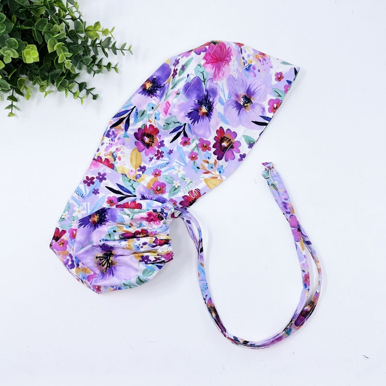 Floral ponytail scrub cap, Summer scrub cap with ponytail holder. Satin Lined Option Scrub Cap image 2