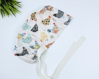 Chickens on ivory Euro PLUS style with ties Scrub Cap for Women, European Surgical cap with Satin Lined Option.