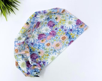 Summer Euro scrub cap for women, Watercolor Floral Print European surgical hat with satin lined by Paradise Caps.