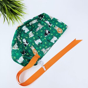 St. Patrick’s Day Euro scrub cap with ties for Women, Cat European Surgical cap with Satin Lined by Paradise Caps. Euro PLUS style.