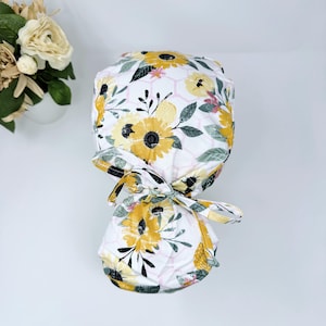Sunflower Ponytail scrub cap for women. Fall Surgical Hat with Satin Lined Option by Paradise Caps.