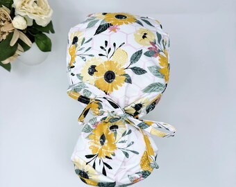 Sunflower Ponytail scrub cap for women. Fall Surgical Hat with Satin Lined Option by Paradise Caps.