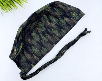 Surgical cap for men. Pine Tree tie back scrub hat by Paradise Caps.