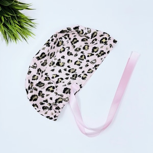 Pink leopard Euro PLUS style with ties Scrub Cap for Women, European Surgical cap with Satin Lined Option.