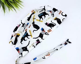 Surgical scrub cap for men. Parisian Cat tie back scrub hat by Paradise Caps.