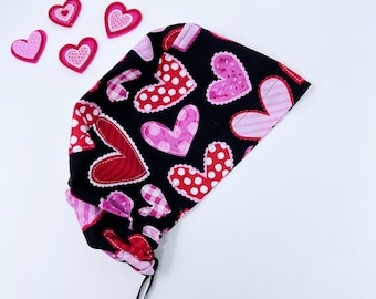 Valentine&#39;s day Euro scrub cap for women, Heart euro style surgical cap with satin lined by Paradise Caps. Valentines Quilted Hearts - print