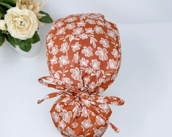 Floral ponytail scrub cap with satin lined option by ParadiseCaps, Summer scrub cap with ponytail holder for women.