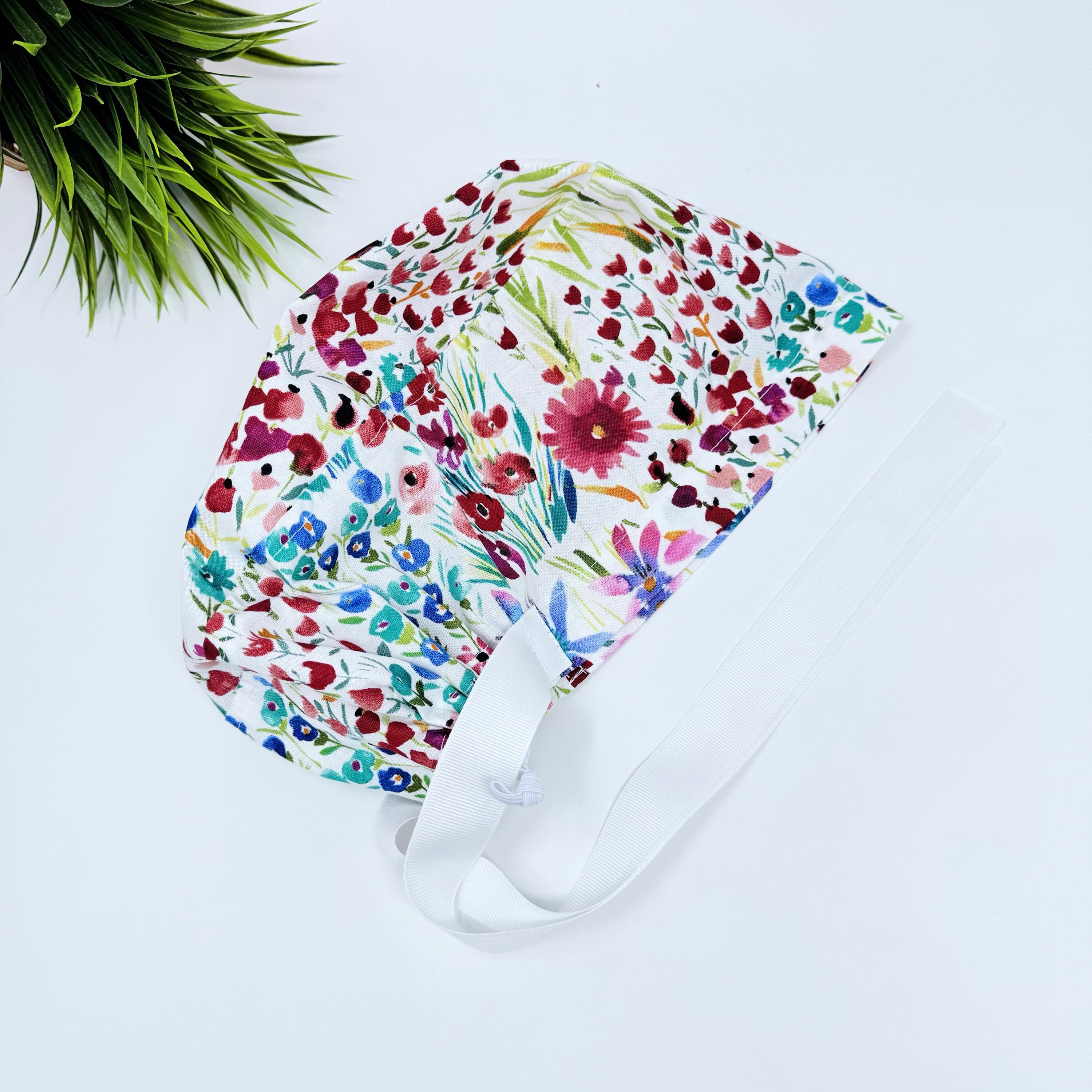 Red flower Euro scrub cap with ties for Women, European Surgical cap with Satin Lined Option by Paradise Caps. Euro PLUS style.
