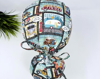 Ponytail scrub cap for women. Route 66 Satin Lined Surgical hat with ponytail by Paradise Caps.