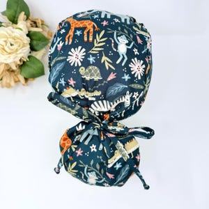 Wild animal Ponytail scrub cap, Surgical cap women. Satin Lined Option Surgical cap with ponytail.