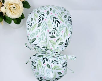 Floral Ponytail scrub cap for women. Ponytail Surgical cap with satin lined option by Paradise Caps.