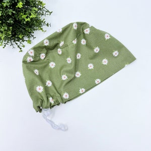 Floral Euro scrub cap for women, Green surgical hat with satin lined by Paradise Caps.