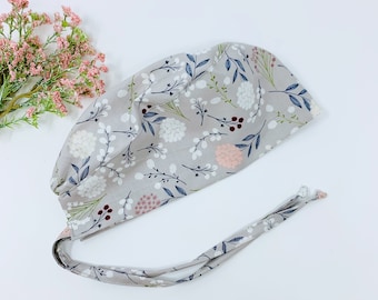 Flower Skull tie-back style scrub cap. Floral surgical cap for women by Paradise Caps.