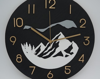 14” Mountain Black/Gold Decorative Wood Clock Made from Red Oak