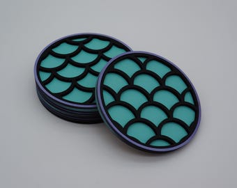 Mermaid Scale Coasters – Turquoise, Lavender Geometric Drink Coasters – Set of 4