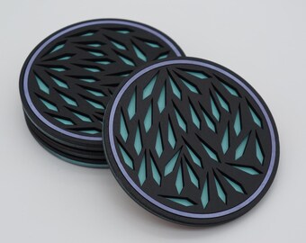 Cascade Pattern Coaster – Black & Teal Modern Drink Coasters - Set of 4