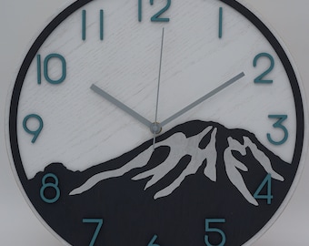 Mt. Rainier Wood Clock, Vintage Teal and Grey, Handmade 14"