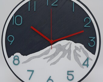 Mt. Rainier Wood Clock, Teal, Grey, and Red, 14"