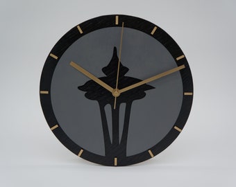 10" Space Needle Themed Wood Clock Silent Moving