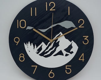 14” Mountain Navy/Gold Decorative Wood Clock Made from Red Oak