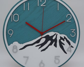 14" Mt. Rainier Vintage Teal, Dark Grey, Chrome #'s, Red Hands, and White XL Decorative Wood Clock Made from Red Oak