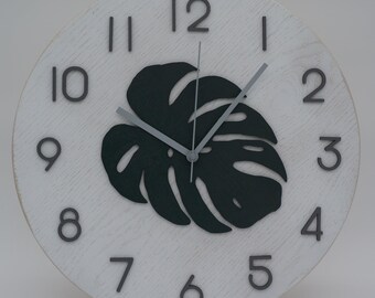 14” Decorative Monsterra Leaf Wood Clock Made from Red Oak