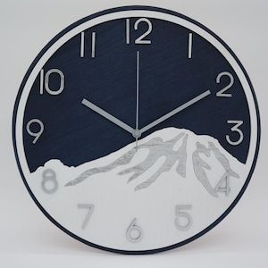 Mt. Rainier Wood Clock, Dark Blue and Chrome XL Wall Decor 14"