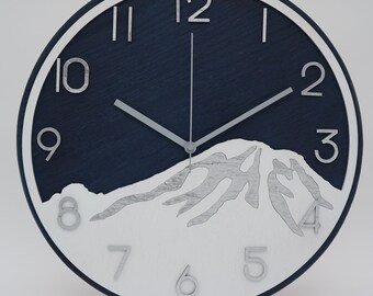 Mt. Rainier Wood Clock, Dark Blue and Chrome XL Wall Decor 14"