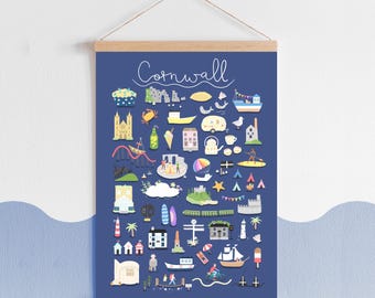 Cornwall Landmarks Art Print – Illustrated Cornwall Map Icons Wall Art | St Michael’s Mount, Land’s End, Eden Project | A4 A5 Cornwall Gift