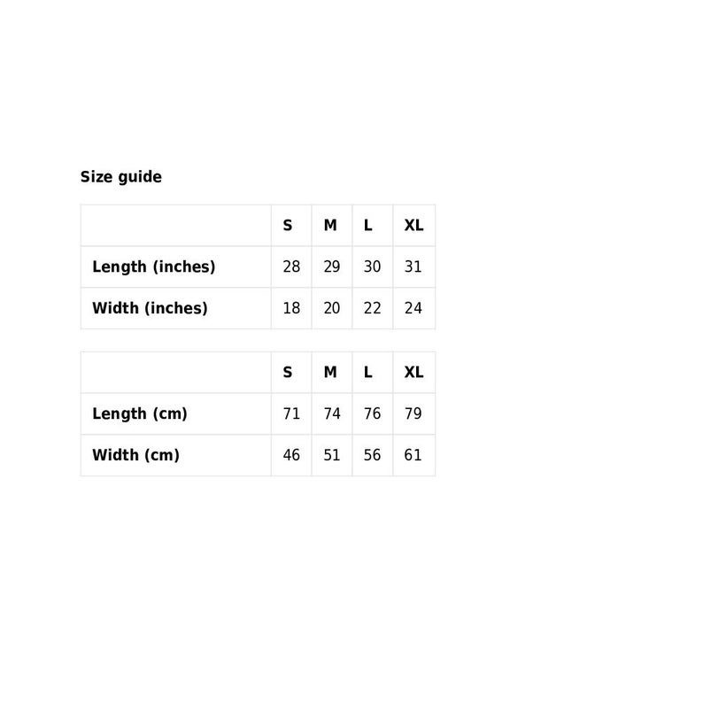 May include: A size guide chart with measurements for clothing. The chart shows length and width in inches for sizes S, M, L, and XL. The length ranges from 28 to 31 inches, and the width ranges from 18 to 24 inches.