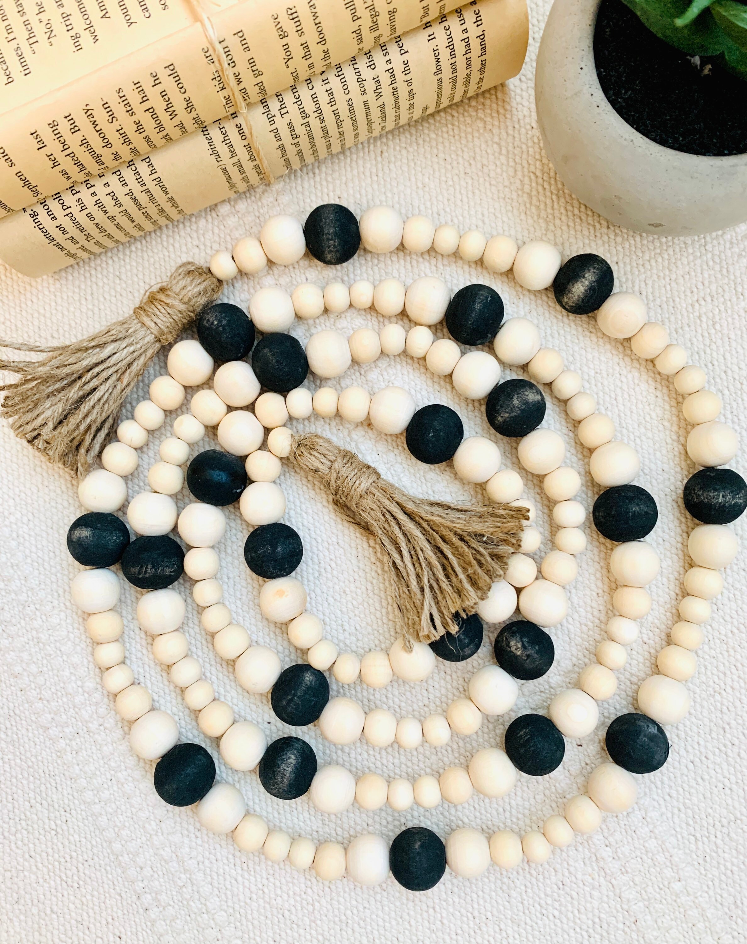 Black & Natural Wood Bead Garland with Tassels Etsy