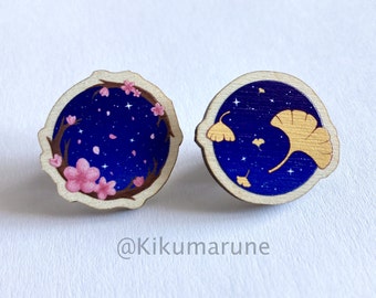 Blossom & Ginkgo Wooden Pin: Night Sky Design