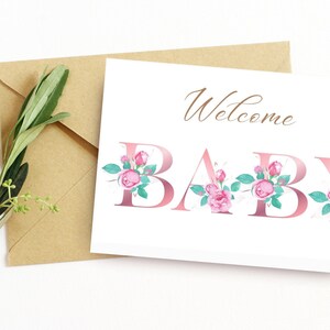 Druckbare Babypartykarte für Baby Mädchen, Rosa Blumen Herunterladbare Grußkarte für neue Mütter, Elegantes Geschenk für Schwangere Frauen