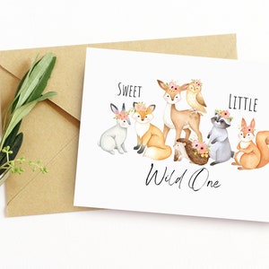 Printable Baby Shower Card/ &quot;Sweet Little Wild One&quot; Digital Download Greeting Card to Celebrate New Baby/ Gender Neutral Animal Themed Card
