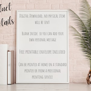 Pode incluir: Imprim&iacute;vel emoldurado branco com texto preto. O texto diz "Download digital, nenhum item f&iacute;sico ser&aacute; enviado. Em branco para que voc&ecirc; possa adicionar sua pr&oacute;pria mensagem pessoal. Envelope imprim&iacute;vel gratuito inclu&iacute;do. Pode ser impresso em casa em uma impressora padr&atilde;o ou em um servi&ccedil;o de impress&atilde;o profissional."