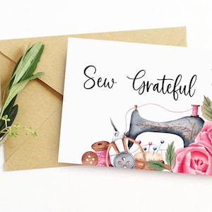 Cousez reconnaissant / imprimable Merci carte de voeux / téléchargement numérique de gratitude pour un ami / carte sur le thème de la couture / aquarelle machine à coudre Art
