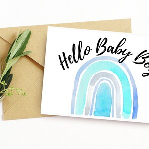 Tarjeta de Baby Shower imprimible. Tarjeta de bebé arco iris de acuarela. Tarjeta elegante para recién nacido. Descarga digital 4x6 Tarjetas de felicitación