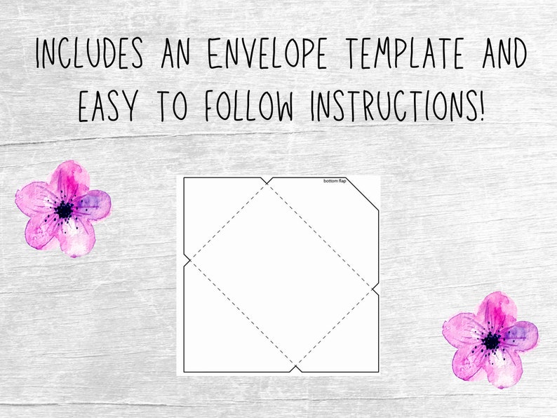 Pode incluir: Modelo de envelope imprim&iacute;vel com instru&ccedil;&otilde;es f&aacute;ceis de seguir. O modelo &eacute; um diamante branco com linhas tracejadas para dobrar. A imagem inclui duas flores cor-de-rosa em aquarela.