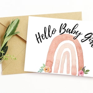 Tarjeta de Baby Shower imprimible. Tarjeta de niña arco iris de acuarela. Tarjeta elegante para recién nacida. Descarga digital 4x6 Tarjetas de felicitación