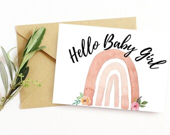 Cartão de chá de bebê para impressão. Cartão de bebê arco-íris aquarela. Cartão elegante para nova menina. Cartão comemorativo de download digital 4x6