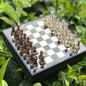 Handmade Mini Chess Set: Marble Pattern Board, Metal Pieces