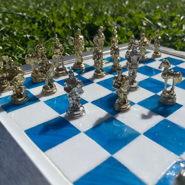 Metal Chess Set w\ Mosaic Chessboard - Handmade Chess Set - Metal Chess Figure Pieces - Luxury Chess Board - Glass Chess Board - Kids Gift