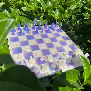 Customize Chessboard w\ Purple Chessboard - Resin Chess Set - Unique Chess Board - Cool Chessboard - Epoxy Chess Pieces - White Chess Piece
