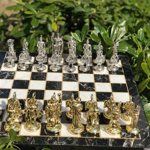 Handmade Vikings Chess Set: Marble Patterned Board, Historical Figures