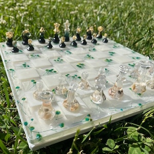 Epoxy Chess Set w\ White Chess Board - Handmade Epoxy Chessboard - Black and White Chess Pieces - Floral Chessboard - Flower Chess - Gift